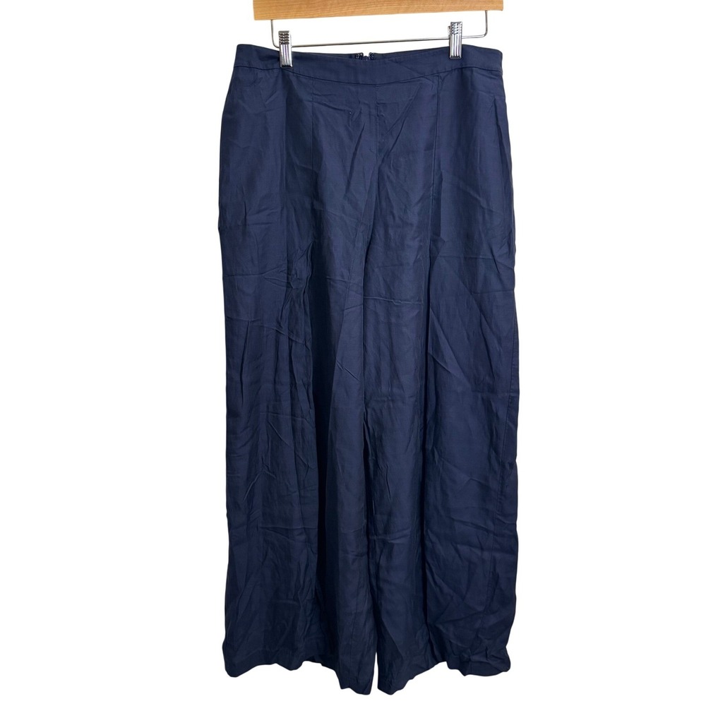 BCBGMAXAZRIA Womens Size M Navy Blue Wide Leg High Slit Rayon Cotton Pants